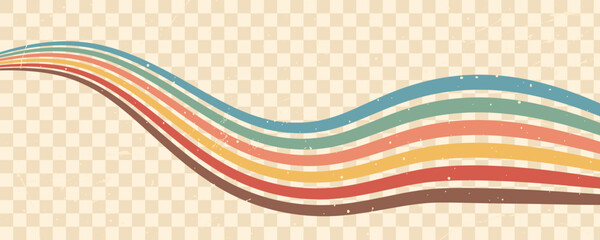 Stripe rainbow groovy. Vintage hippie wallpaper design. Artistic wavy lines and curved forms. Retro vector illustration.
