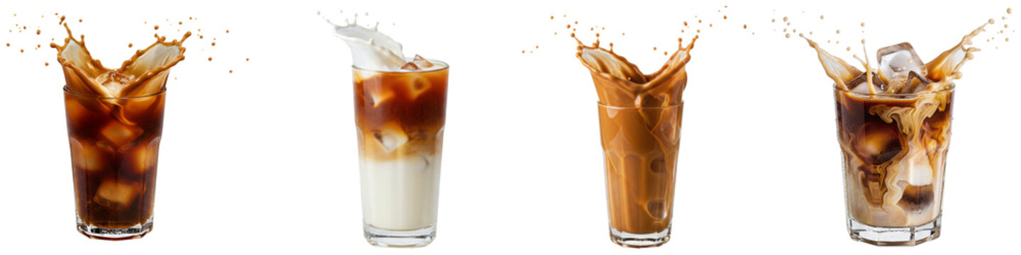 dynamic splashes of refreshing iced coffee drinks, including latte and americano, in glasses, isolated on black, ideal for cafe menus and advertising campaigns.