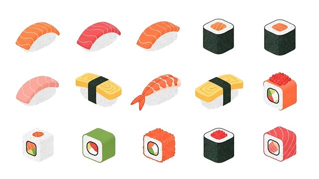 Assorted sushi illustrations displayed on a white background from a front viewpoint showcasing various food items