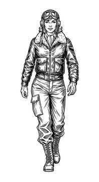 Vintage woman pilot walking confidently in flight gear