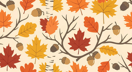 Fototapeta premium Seamless autumn leaves wallpaper pattern in flat vector style, warm nature-inspired background for seasonal and decorative projects