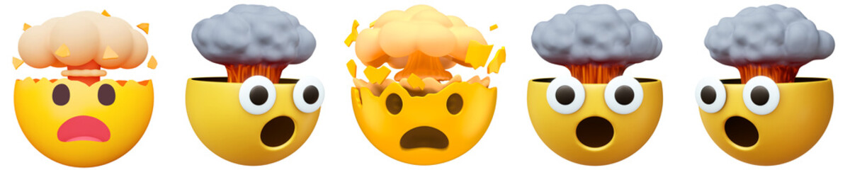 stunned 3d emoji characters with erupting explosions of smoke and particles, depicting intense...