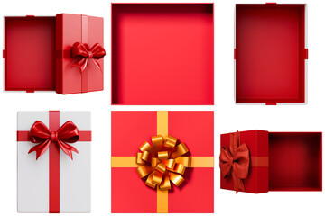 a collection of elegant red gift boxes, open and closed, adorned with vibrant bows, presented as premium 3d renders from various angles.