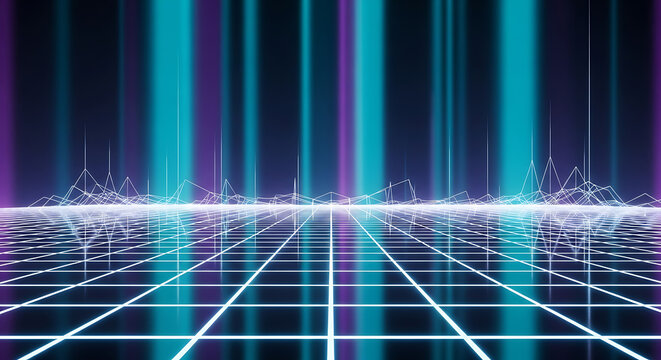 Futuristic neon cyan blue and purple luminous grid lines glowing on a digital perspective floor design reflecting creative technological innovation and abstract artistic intensity.