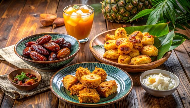 Indonesian Iftar Meal Featuring Takjil Gorengan, Dates and Sweet Dessert
