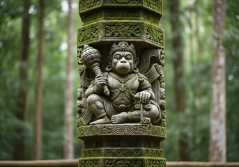 Fototapeta premium Ancient Stone Statue of Hanuman, the Monkey Deity, Holding a Mace on a Moss-Covered Pillar in a Lush Green Forest, Symbolizing Spirituality and Cultural Heritage.