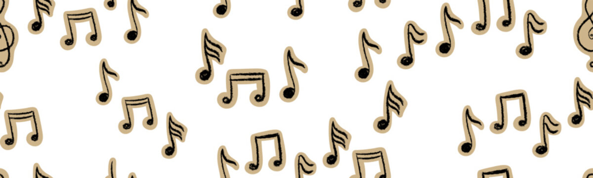 Seamless vector pattern of hand-drawn music notes in grunge scrapbook style. Bold crayon melody background with cutout paper effect for kids zine, nursery wallpaper, and kindergarten craft design.