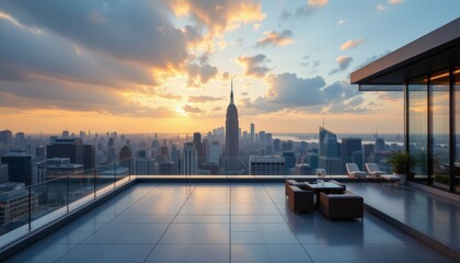 Rooftop Terrace Overlooking City Skyline at Sunset