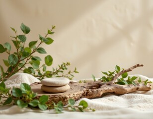 Natural Product Display with Stones and Foliage