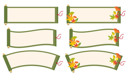 緑色の巻物のイラストセット。落ち葉が装飾された秋のイメージ。
