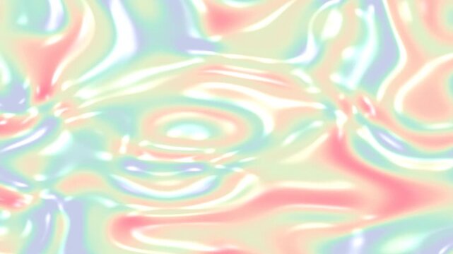 Abstract iridescent liquid pattern with pastel pink, blue, and cream swirls creating a holographic effect.