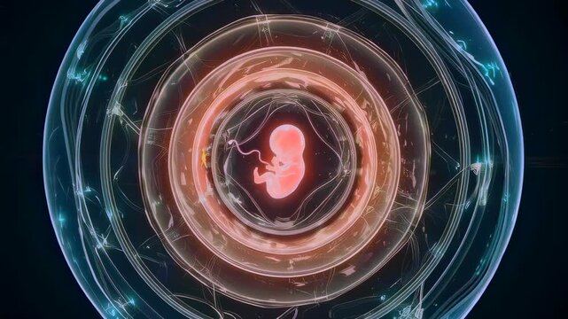 Scientific visualization of embryo maturation in controlled environment, Illustration of developing embryo housed in laboratory incubator surrounded by energy and fluid movements