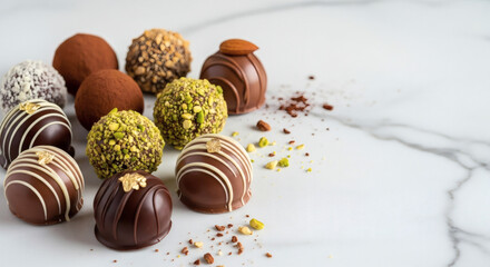 Chocolate truffles on marble surface, elegant composition, copy space