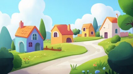 Naklejka premium Charming Village Road: A quaint village scene unfolds, with colorful houses lining a winding road under a bright sky, evoking feelings of serenity and home.