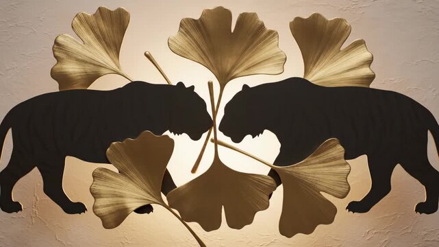 A decorative piece featuring two black tiger silhouettes flanked by golden ginkgo leaves on a textured background