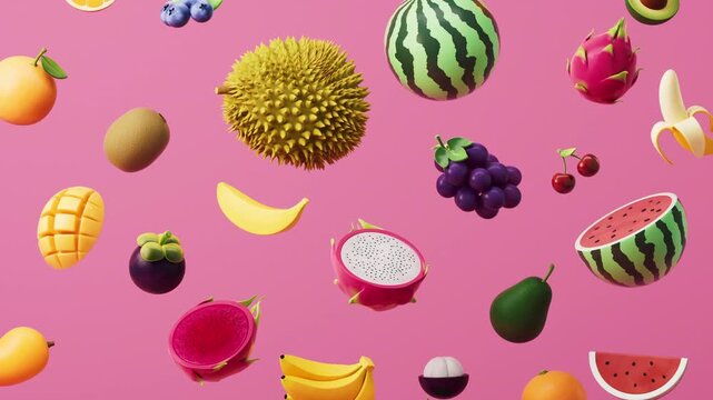 Vibrant 3d animated fruits floating against pink background featuring durian watermelon mango and dragon fruit in motion