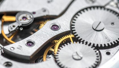 Intricate mechanical watch movement with interlocking gears and silver components.