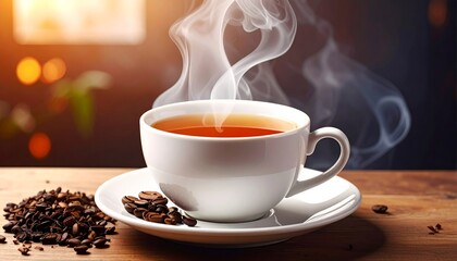 Steaming cup of tea on a wooden table with loose tea leaves.