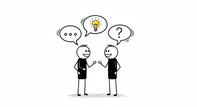 Two stick figures engage in a dynamic conversation, representing brainstorming, idea sharing, and collaborative problem-solving through effective communication