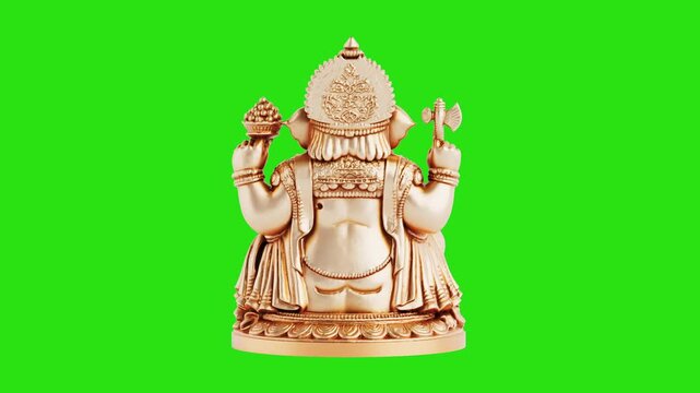 4k Resolution Video:  Hindu Spiritual Prosperity Concept. Gold Ganesha Statue With Sacred Symbols And Blessing Gesture Seamless Looped Rotating On Green Screen Background with Alpha Matte
