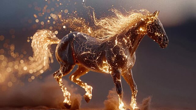 A dynamic scene featuring a galloping horse with trailing sparks, set against a plain backdrop The horses silhouette contrasts with the vibrant orange and yellow sparks The lighting - AI-Generated
