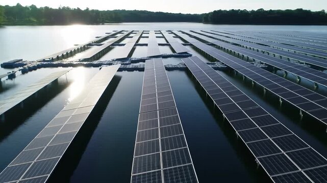 Floating solar panels on a calm lake, sunlight reflecting off the water. High-tech environmental shot