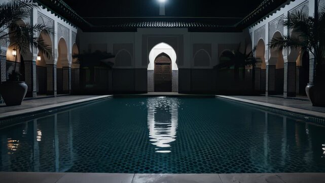 Swimming Pool Reflects Light at Courtyard in Exotic Setting at Night