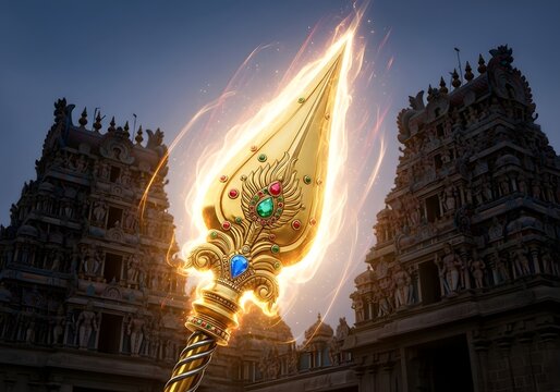 Vibrant Golden Vel Spear with Divine Glow Against Ancient Hindu Temple Gopurams at Dusk, Representing Spiritual Power and Cultural Heritage