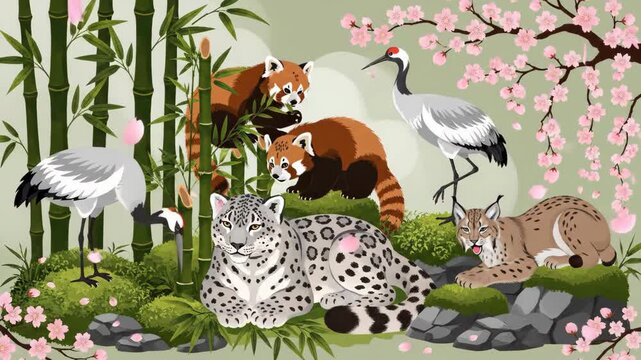 A landscape with red pandas cranes lynx and a snow leopard amongst bamboo cherry blossoms rocks and greenery