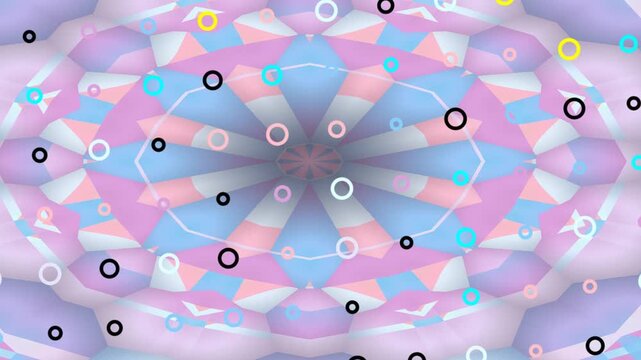 Abstract kaleidoscopic pattern with pastel colors and scattered colorful circles.