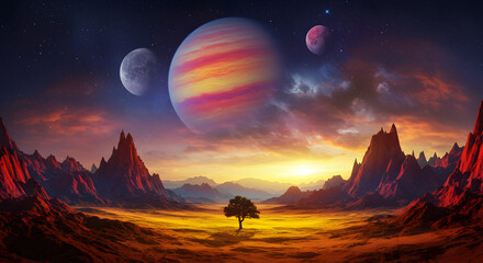 Alien Landscape with Planets, Mountains, and a Lone Tree Under Sunset Sky
