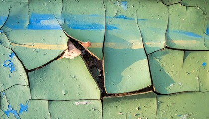 Cracked green painted wall with peeling blue paint.