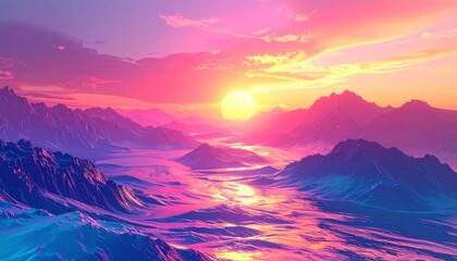 Vibrant Sunset over Mountains and Valley Landscape.