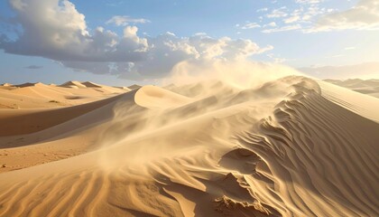 Sandstorm in the Desert with Dunes and Clouds.