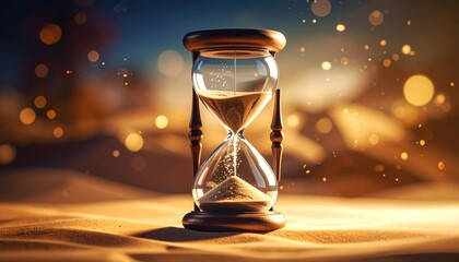 Hourglass in desert sand with golden light and bokeh effect.