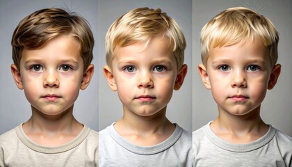 Three young boys with different hair colors standing together.