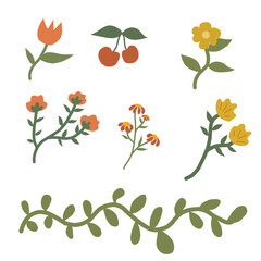 Vector illustration set of spring flowers and green leaves featuring floral rose blossoms and garden foliage for a nature pattern design