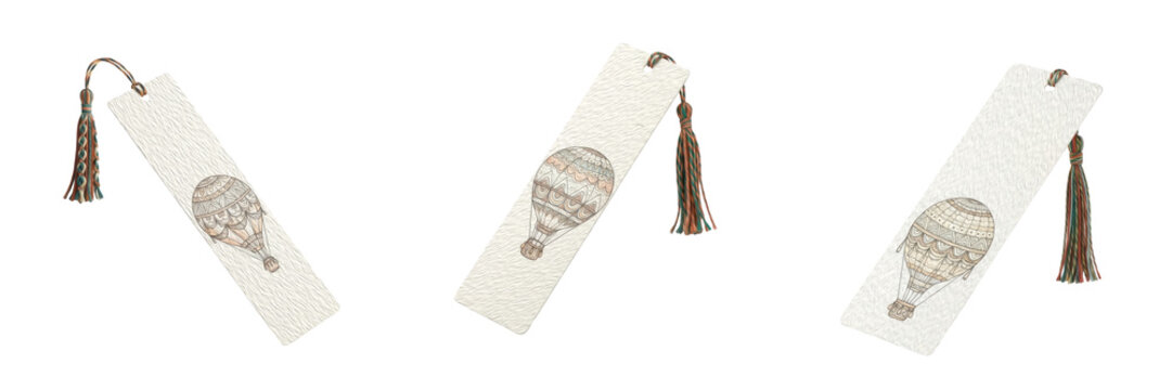 Set of Elegant White Paper Bookmarks with Tassels and Hot Air Balloon Illustration Isolated on White Background