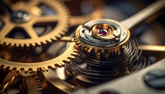 Intricate mechanical clockwork gears and mechanisms in close-up.