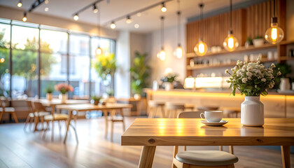 Modern cafe interior with wooden tables and chairs, blurred background, and soft lighting.