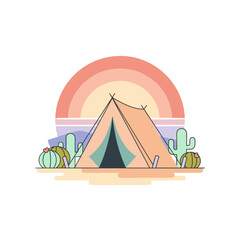 Vector Illustration Of A Desert Campsite Scene With A Tent Cacti And A Sunset Sky In Pastel Colors