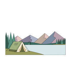 Vector Illustration Of A Family Roasting Marshmallows Around A Campfire Beside A Tent And A Lake With Mountains In The Background