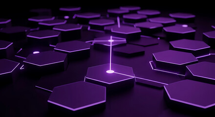 Sophisticated abstract dark backdrop featuring vibrant purple luminous hexagon shape with glowing neon edges creating a futuristic digital technology pattern for modern innovative visual designs
