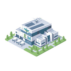 Vector illustration of a modern hospital building with ambulances and helicopter pad on roof in a clean environment with green trees and pathway vibrant color scheme and cheerful design isometric view