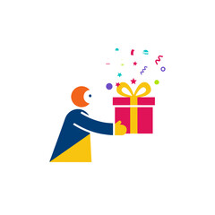 Vector Illustration of a Person Holding a Gift Box with Confetti and Stars Bursting Outwards on a Black Background