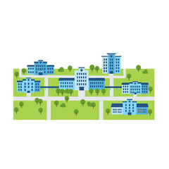 Vector illustration of a modern hospital complex with multiple buildings connected by pathways surrounded by green landscape and trees blue tones and clean lines