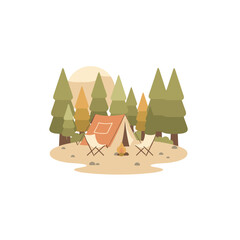 Vector Art Of A Person Watching Stars From A Tent Opening Under A Night Sky With A Campfire And Two Chairs In A Forest Scene Flat Minimalist Style