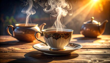Steaming cup of tea on a wooden table with teapot.