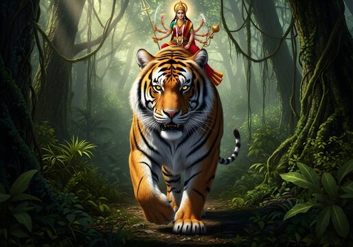 Hindu Goddess Durga Riding Majestic Tiger Through Mystical Jungle Path Illustrating Divine Power and Spiritual Strength