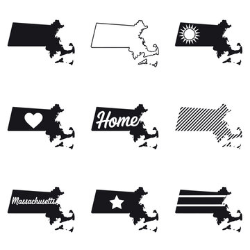 Massachusetts state shapes with diverse patterns and symbolic elements